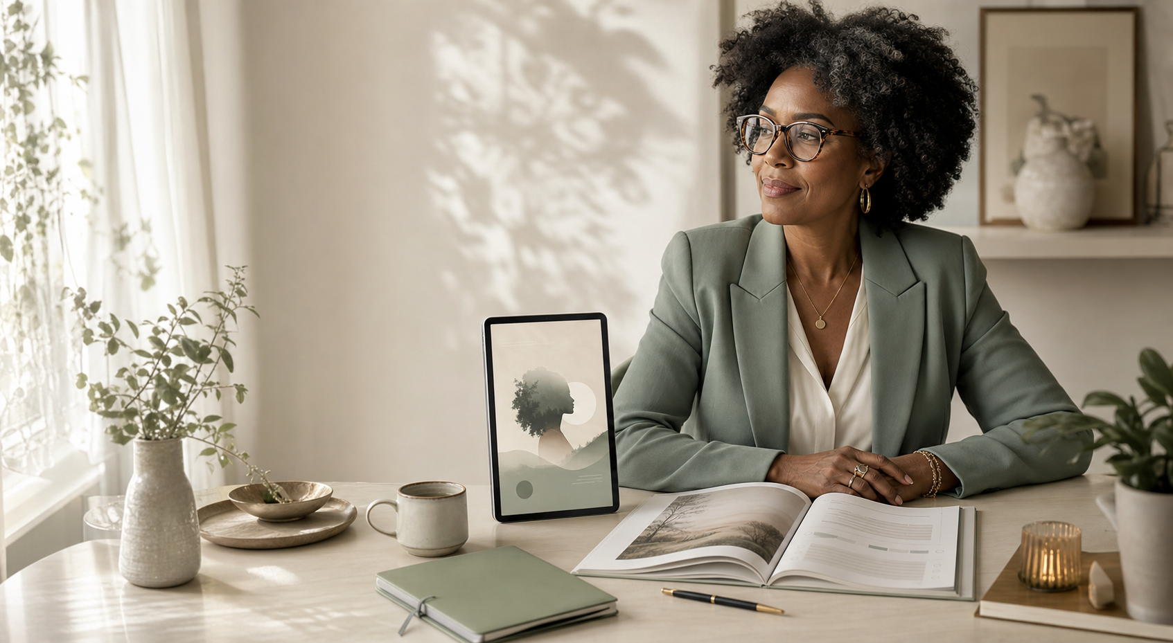 A calm woman at a desk with a workbook, tea, and sage-toned notes in soft window light.